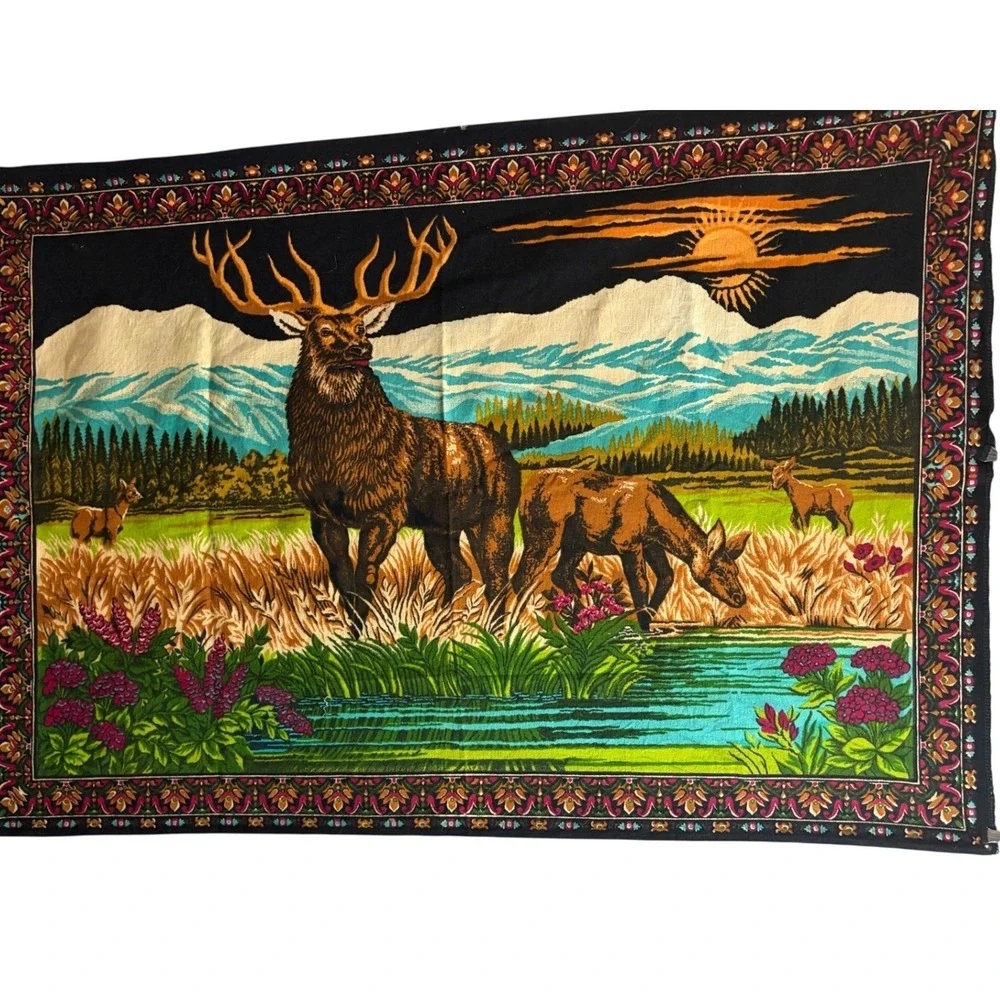 Vintage Elk Stag Mountain Landscape Wall Hanging Tapestry Rustic Cabin Wildlife